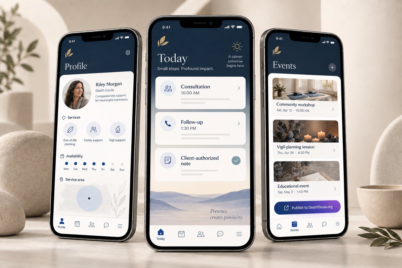 Conceptual preview of DeathDoula.app showing a professional profile, daily practice tasks, and community-event management.